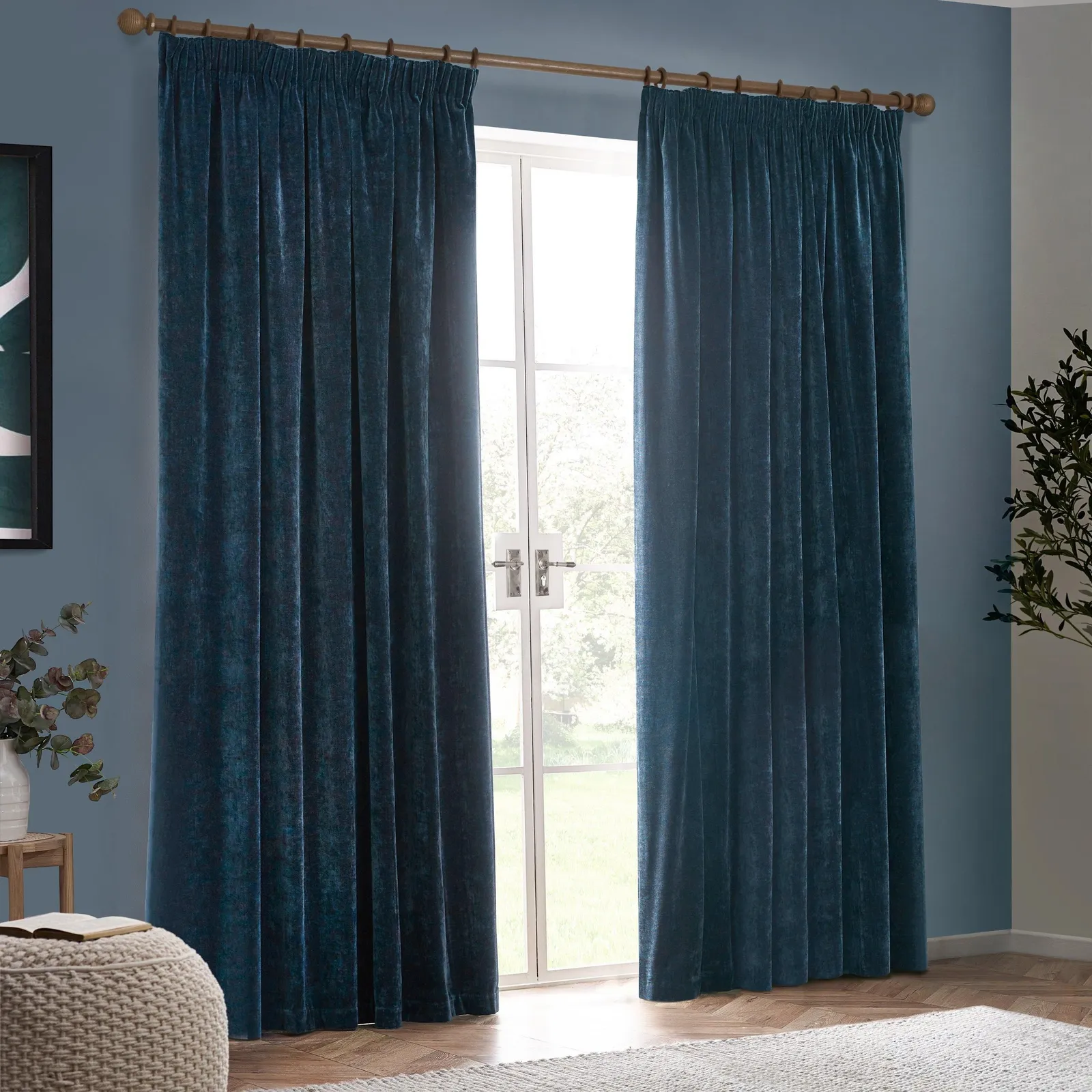 Yard Heavy Chenille Velvet Room Darkening Pencil Pleat Curtain Pair in Navy 5