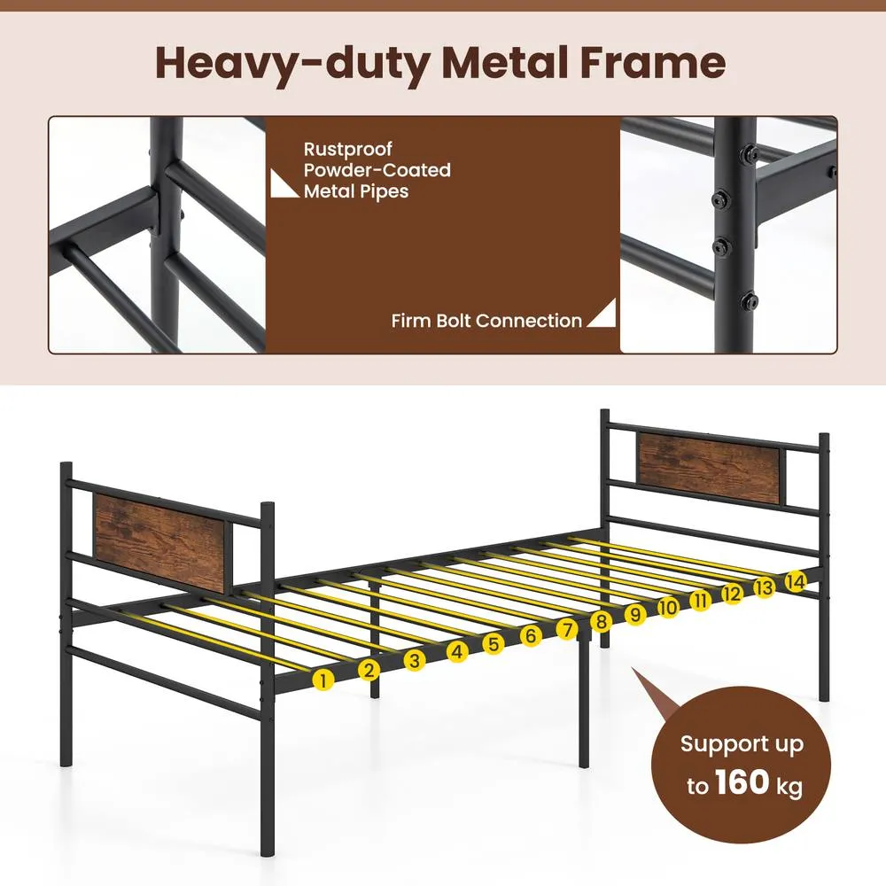 Costway Metal Daybed with Pull out Trundle Single Sofa Guest Bed with Headboard in Brown 6