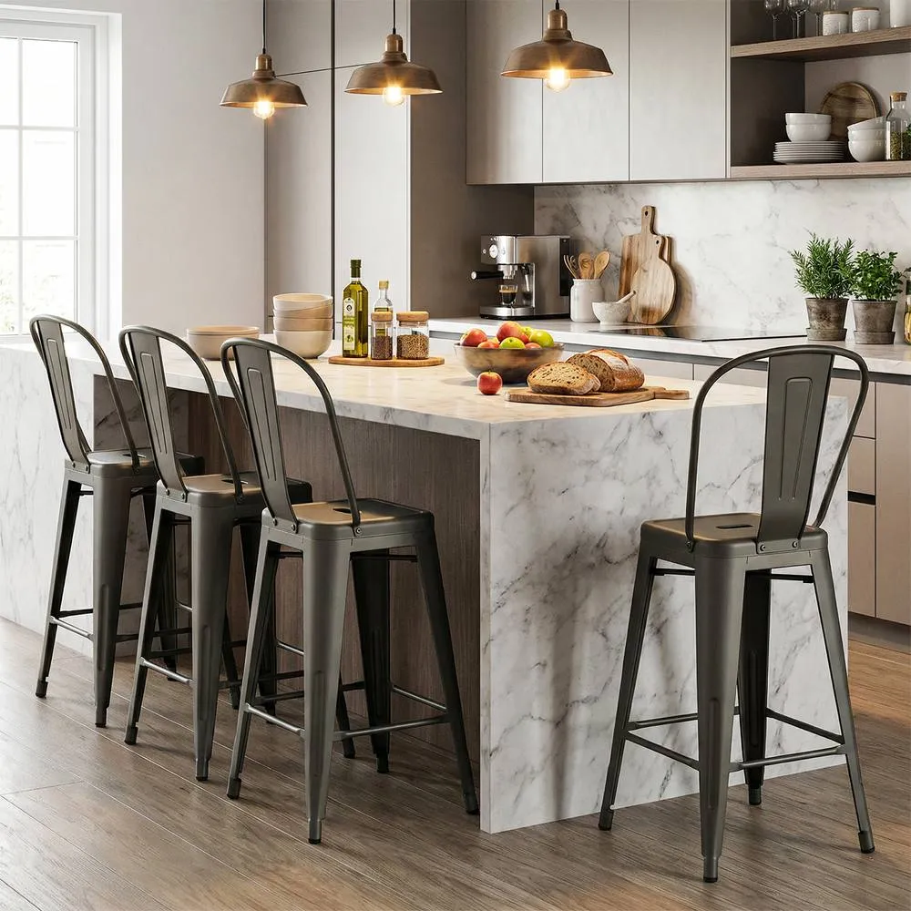Costway 62 cm Counter Height Barstools with Backrests & Footrests in Grey 4