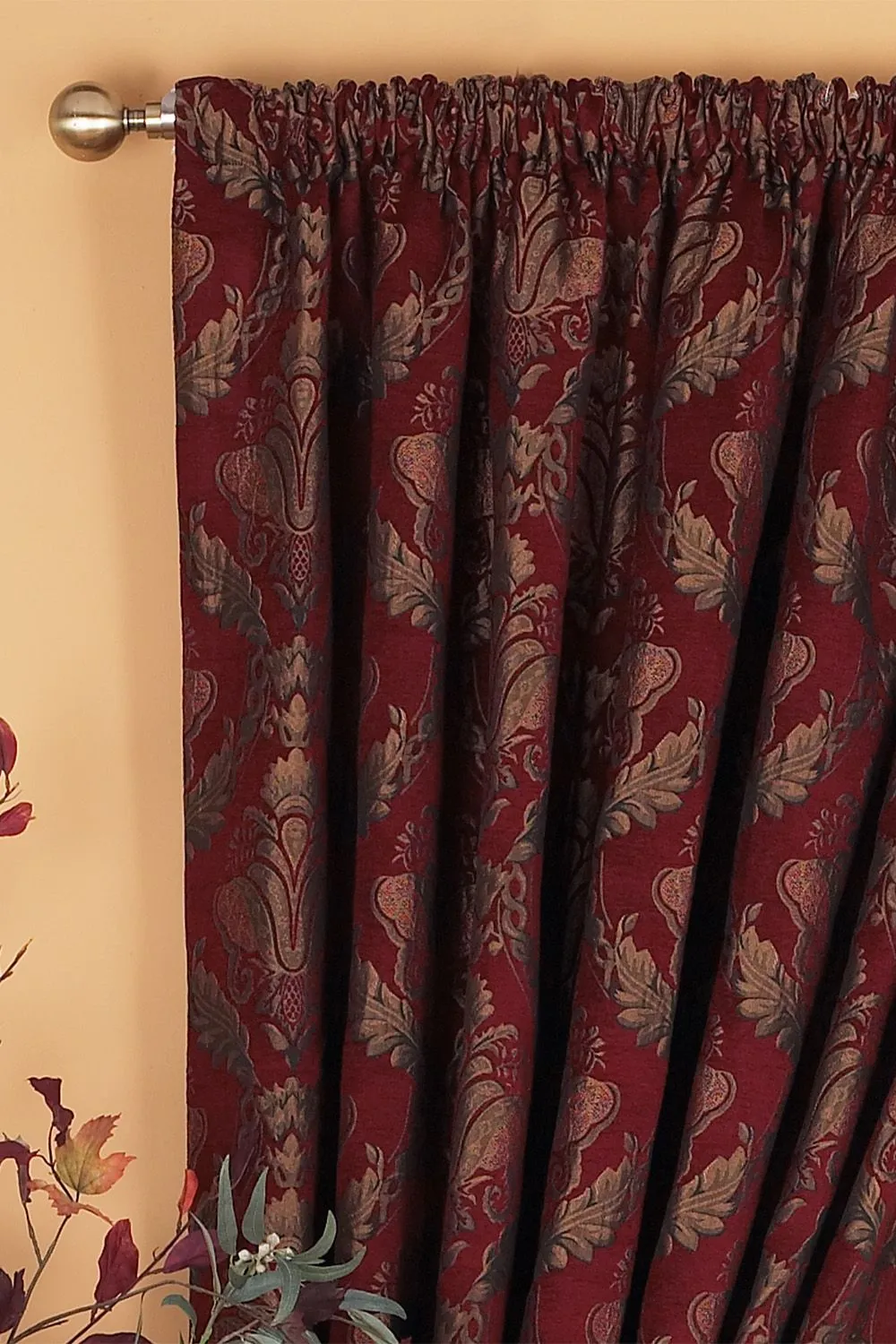 Paoletti Shiraz Fully Lined Jacquard Pencil Pleat Curtains Burgundy 90" width 90" drop, Red 2