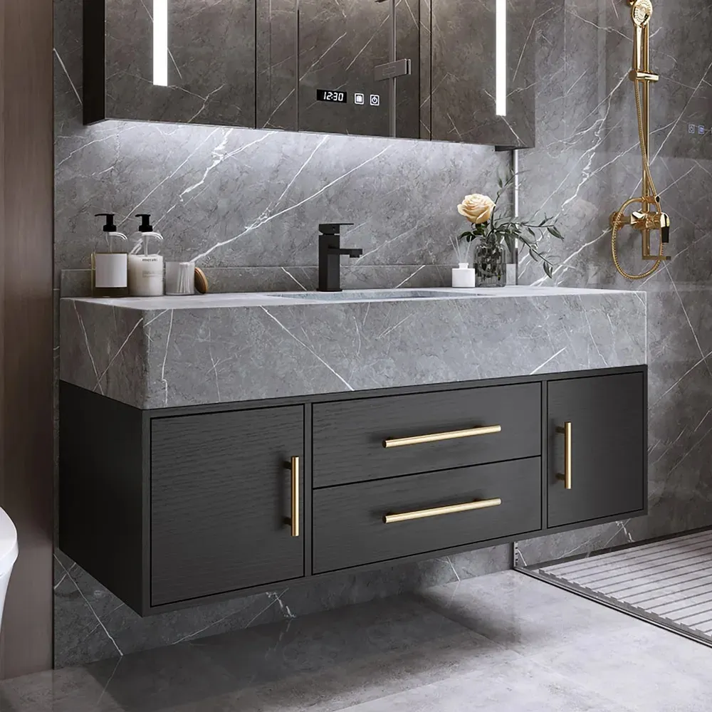 Modern 100 cm Floating Black Bathroom Vanity Stone Top Wall Mounted Bathroom Cabinet