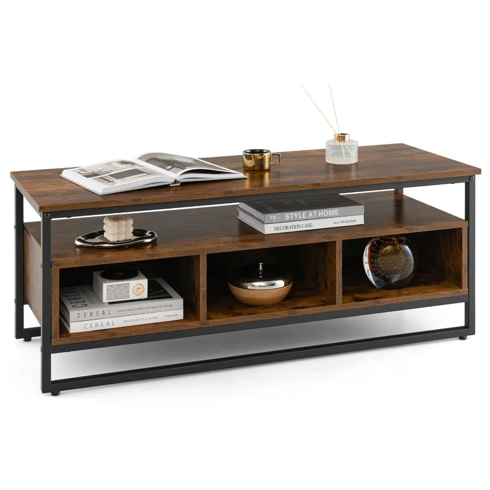 Costway Industrial Center Table with Open Shelf & 3 Storage Cubbies in Brown