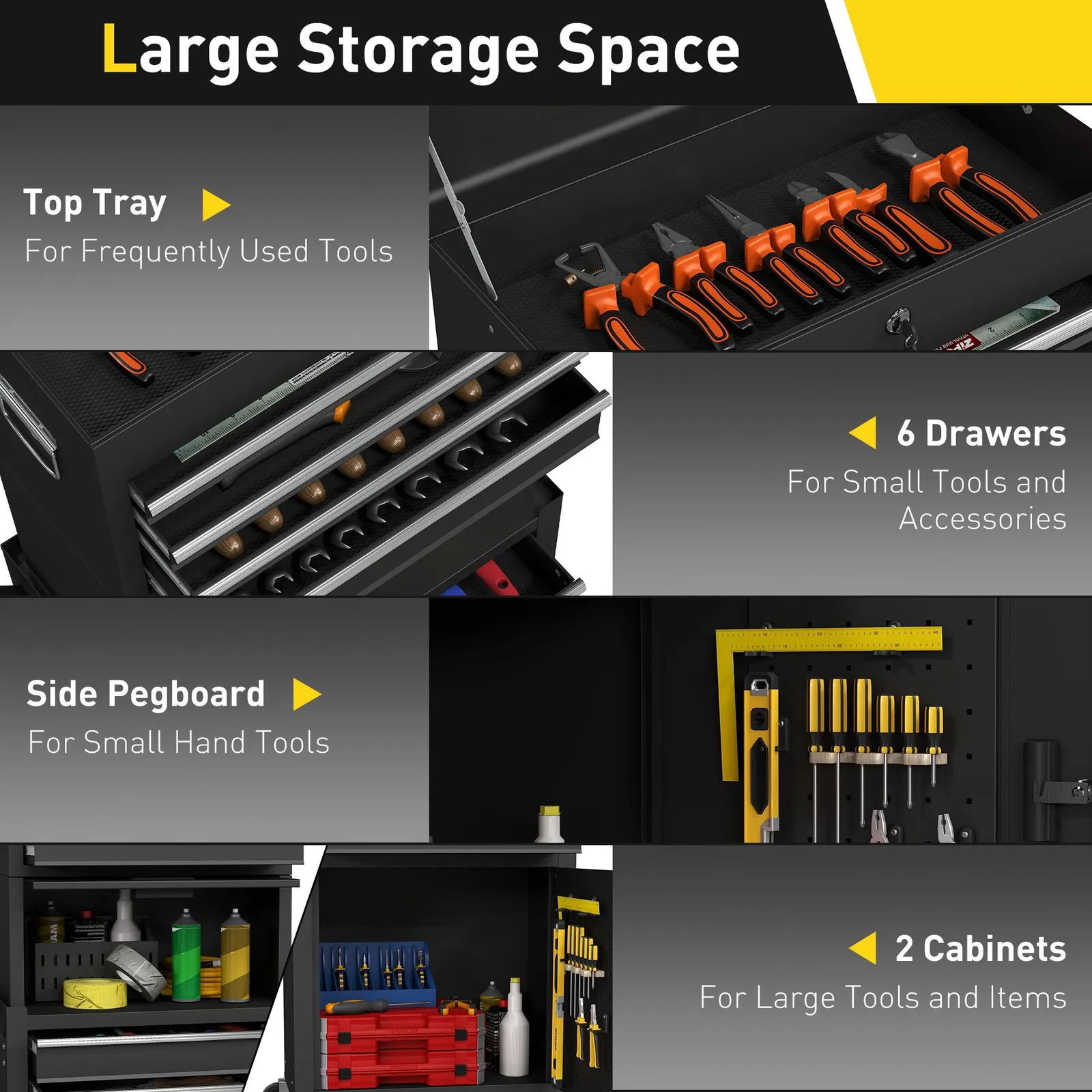 HOMCOM Tool Cabinet with 6 Drawers, 3-in-1 Rolling Tool Chest with Wheels in Black 4