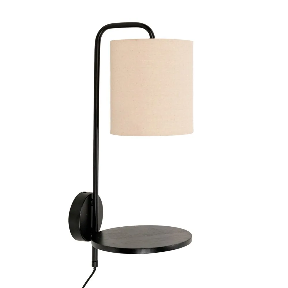 ValueLights Ryan Natural Linen Lamp Shade Black Metal Wall with Wooden Shelf & LED Bulb 2