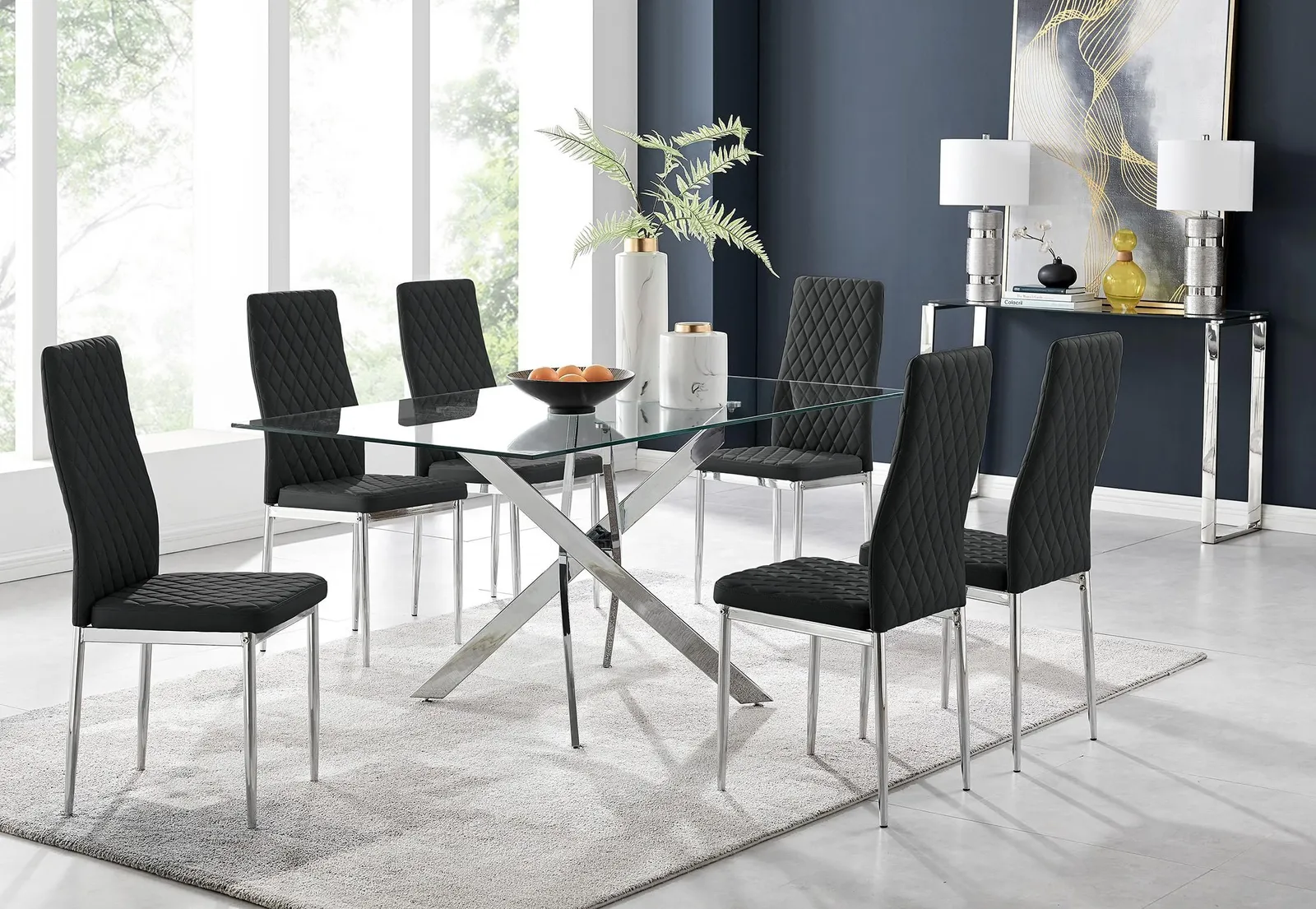 FurnitureboxUK Leonardo Glass & Chrome Metal Dining Table & 6 Milan Chairs Dining Set in Black 1