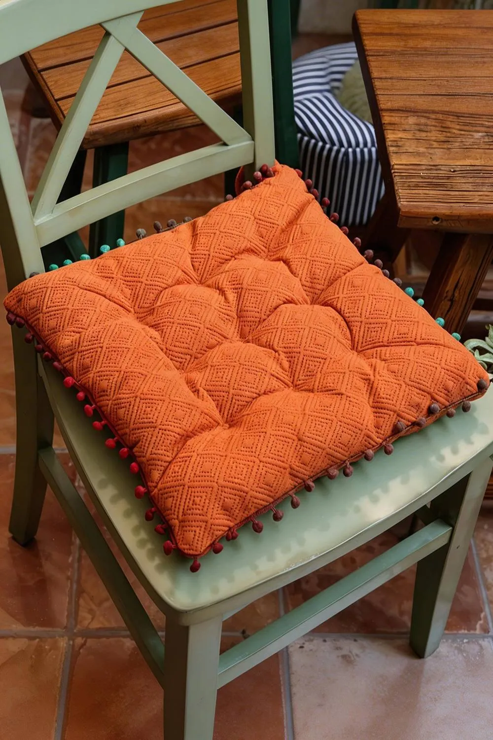 Living and Home Bohemian Style Tufted Square Chair Cushion with Tassels in Orange
