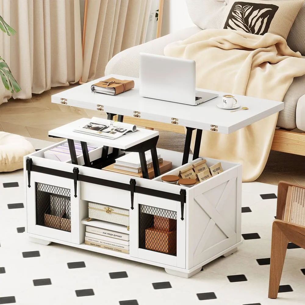 Costway Lift Top Coffee Table 3-in-1 Farmhouse Center Table w/ 2 Sliding Doors in White 4