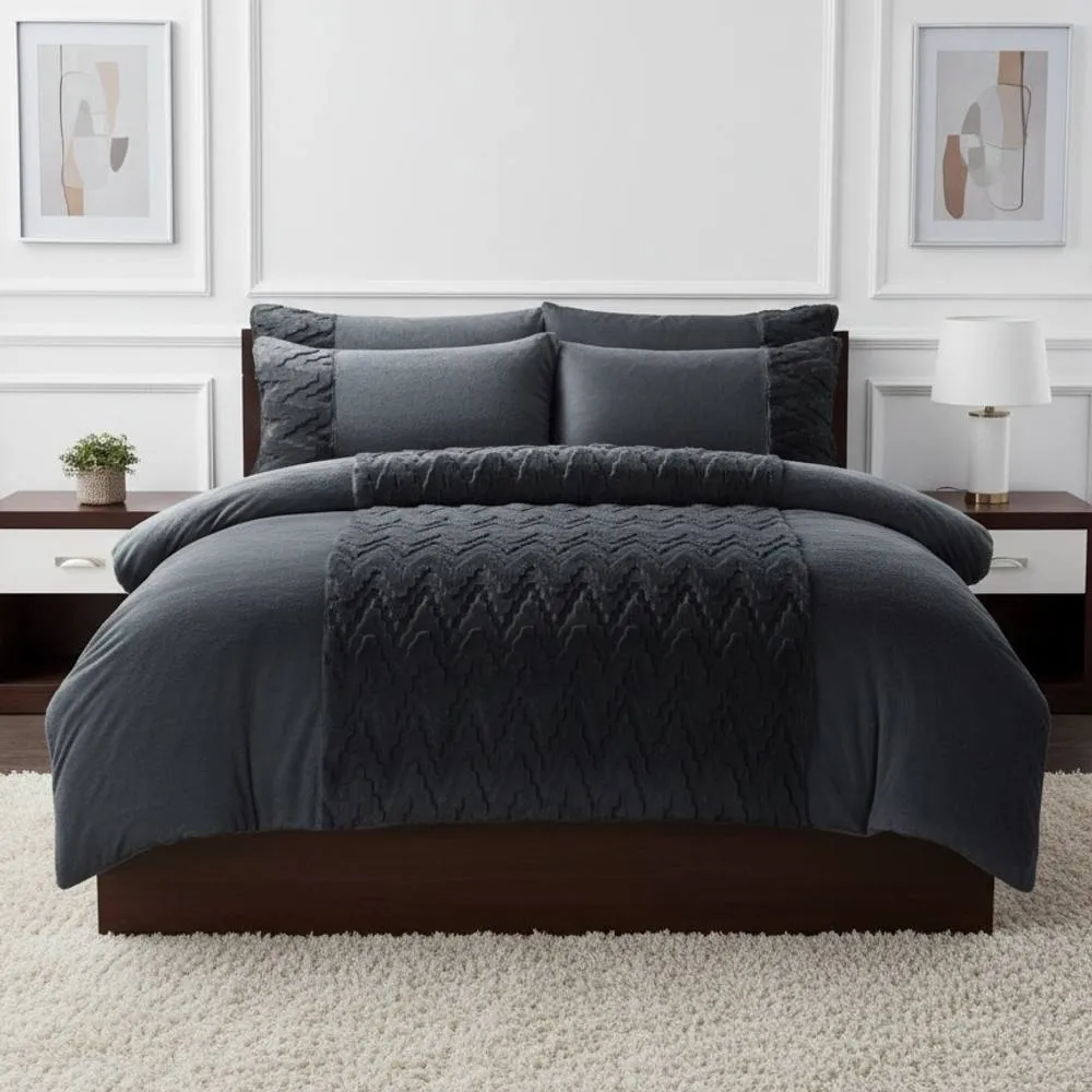 Snug City Zig Zag 3D Teddy Duvet Cover Set Ultra Soft Bedding with Pillowcases in Grey