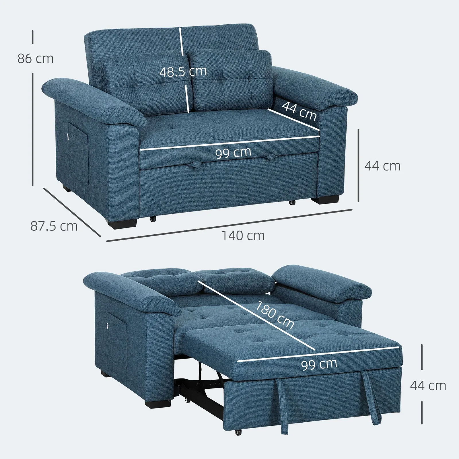 HOMCOM Click Clack Sofa Bed 2 Seater Sofa Bed for Living Room in Blue 3
