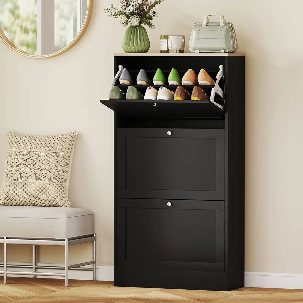 HOMCOM Narrow Shoe Cabinet w/ 3 Flip Drawers for 12-18 Pairs of Shoes Black 2