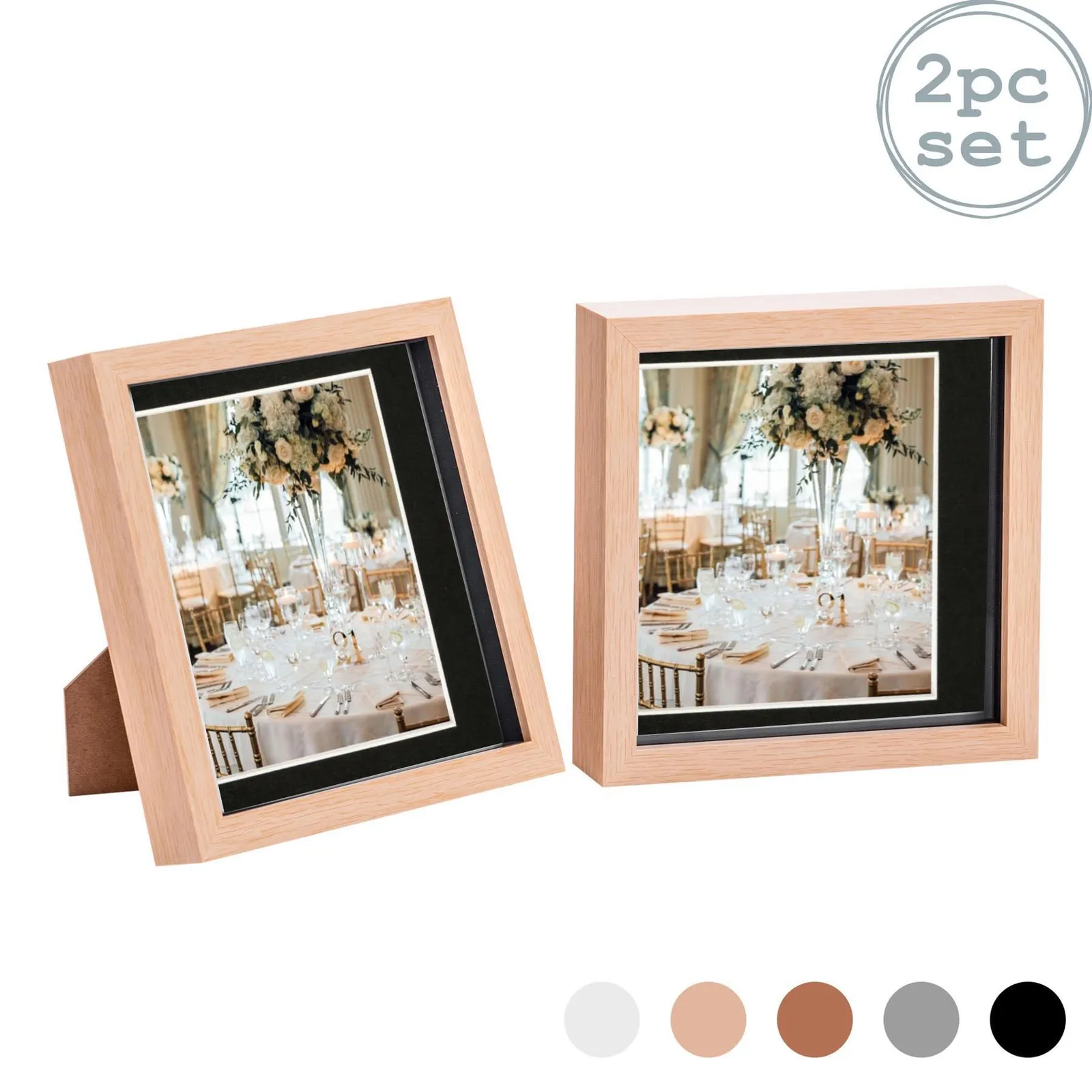 Nicola Spring 3D Box Photo Frames - 8 x 8" with 6 x 6" Mount - Grey Mount - Pack of 2 in Light Brown