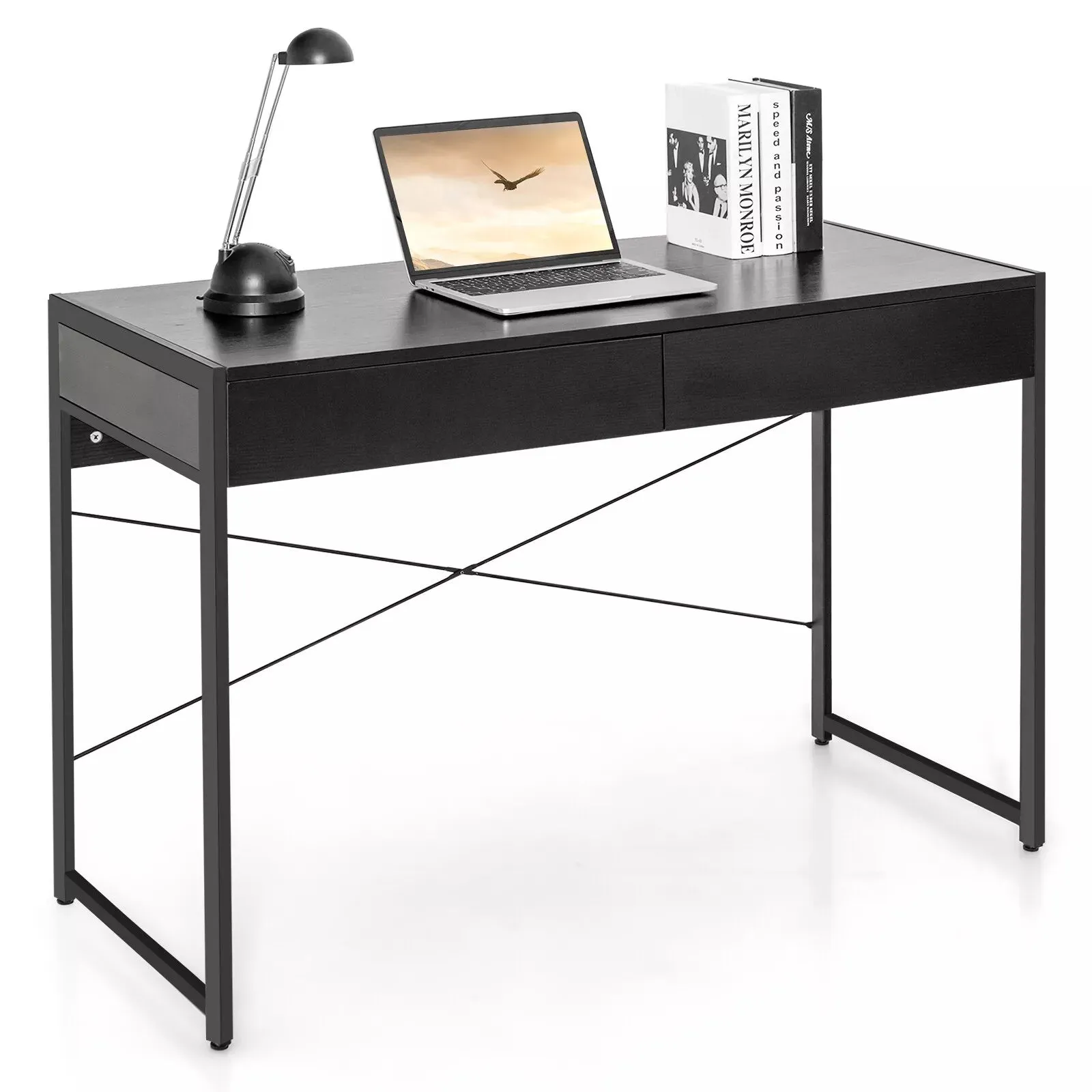 Costway Computer Desk Wooden PC Laptop Table Writing Workstation with 2 Drawers in Black
