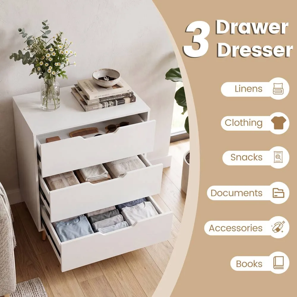 Costway Modern 3-Drawer Dresser Wooden Nightstand Tall Chest of Drawers in White 4