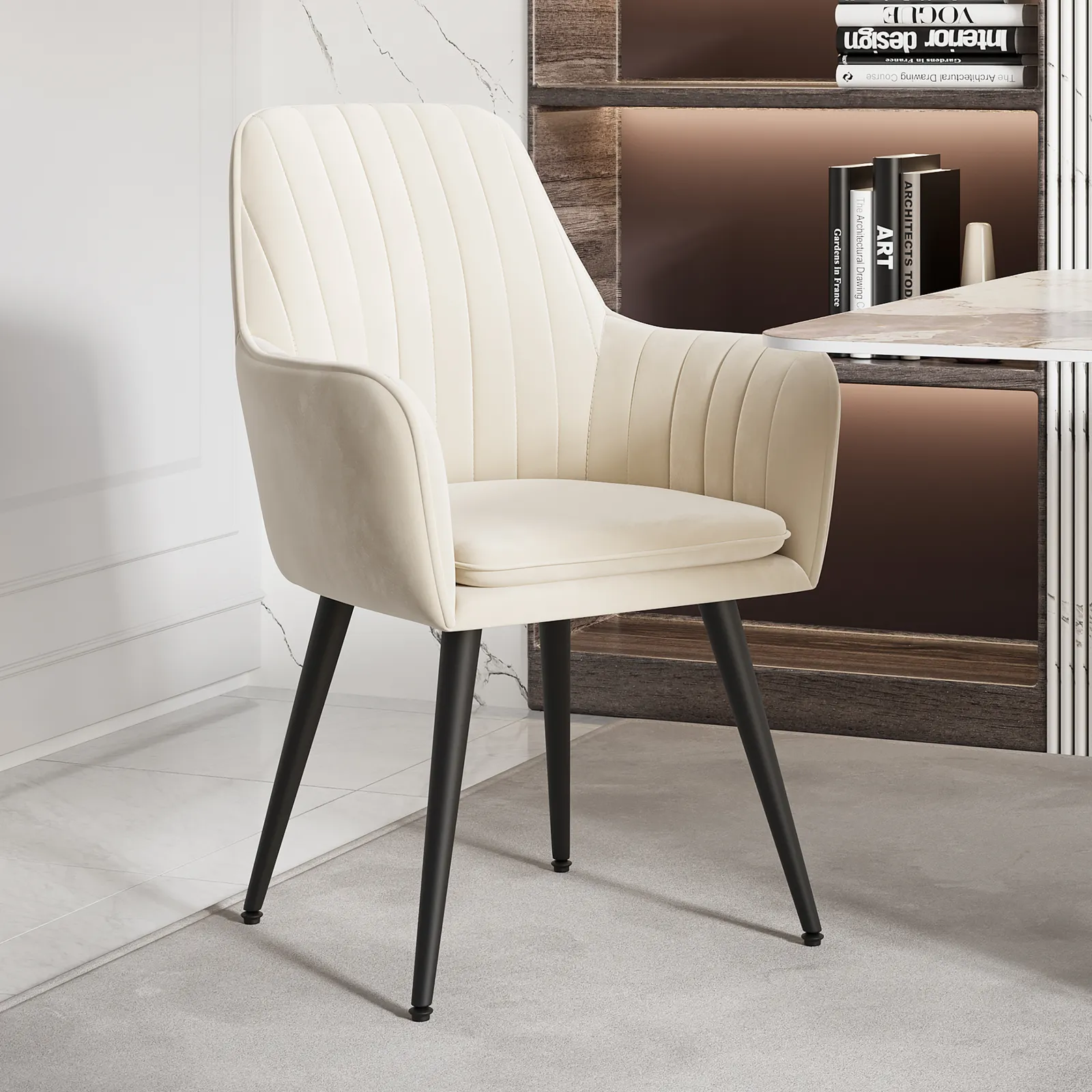 Modern Dining Chair Beige Velvet Upholstered Dining Chairs With Arms (Set of 8)