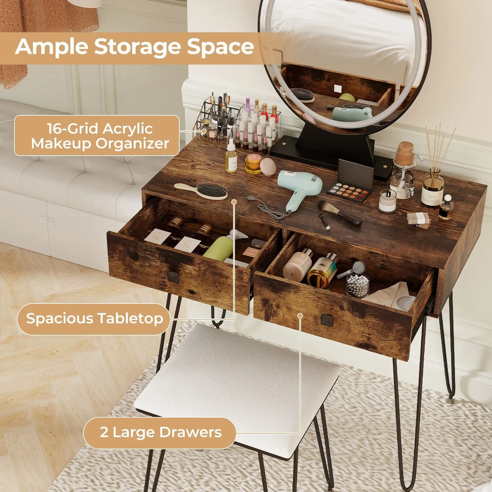 Costway Vanity Set Makeup Dressing Table w/ Soft Cushioned Stool & Mirror in Brown 3