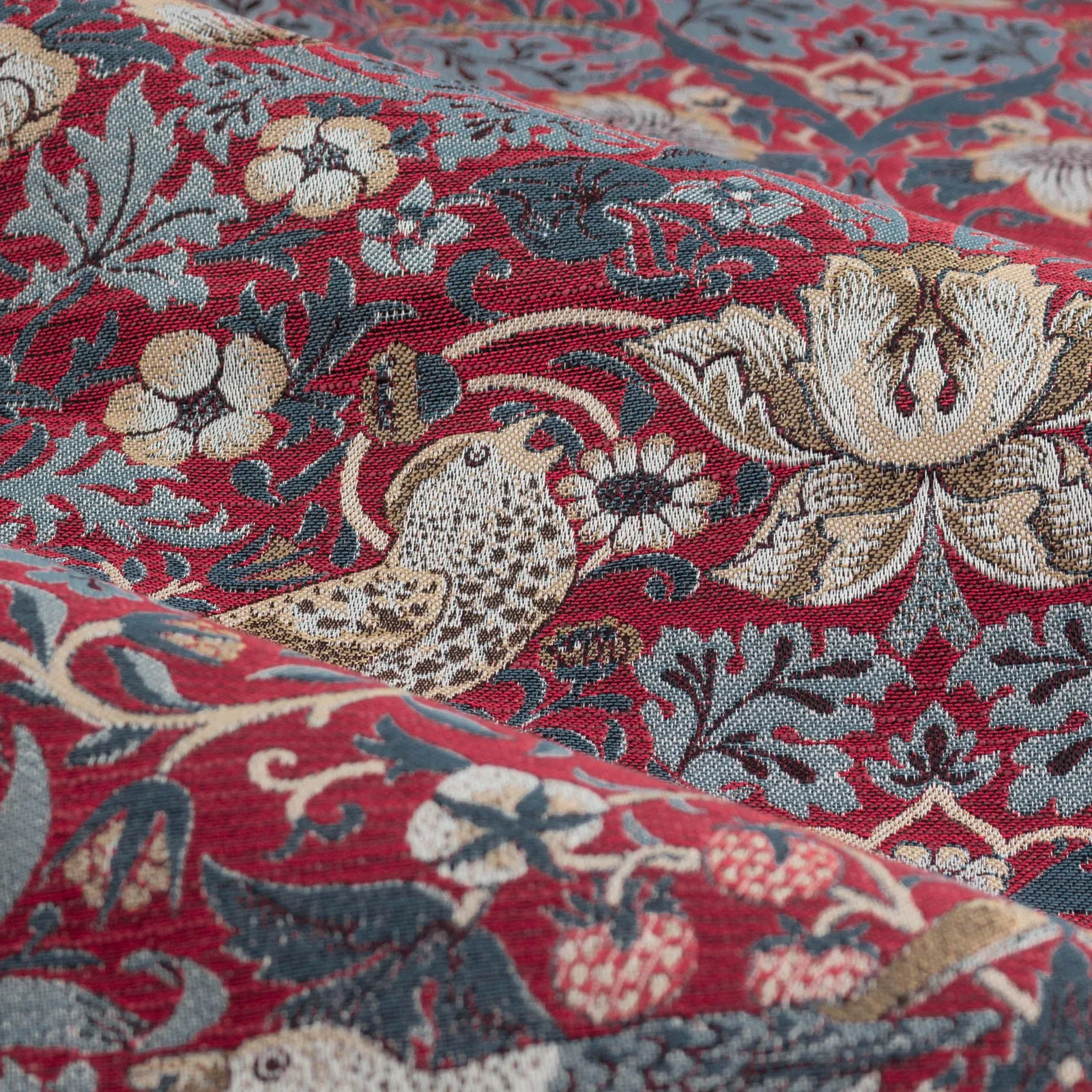 Morris & Co Strawberry Thief Jacquard Floral Room Darkening Pencil Pleat Curtain Pair in Red 6