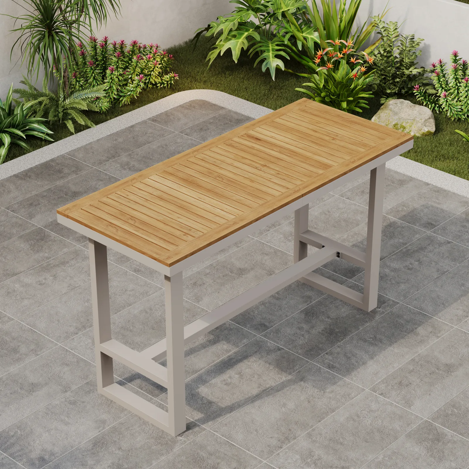 Tevara Outdoor Teak Wood Slat Top & Sand Aluminium Frame Bar Table for Patio