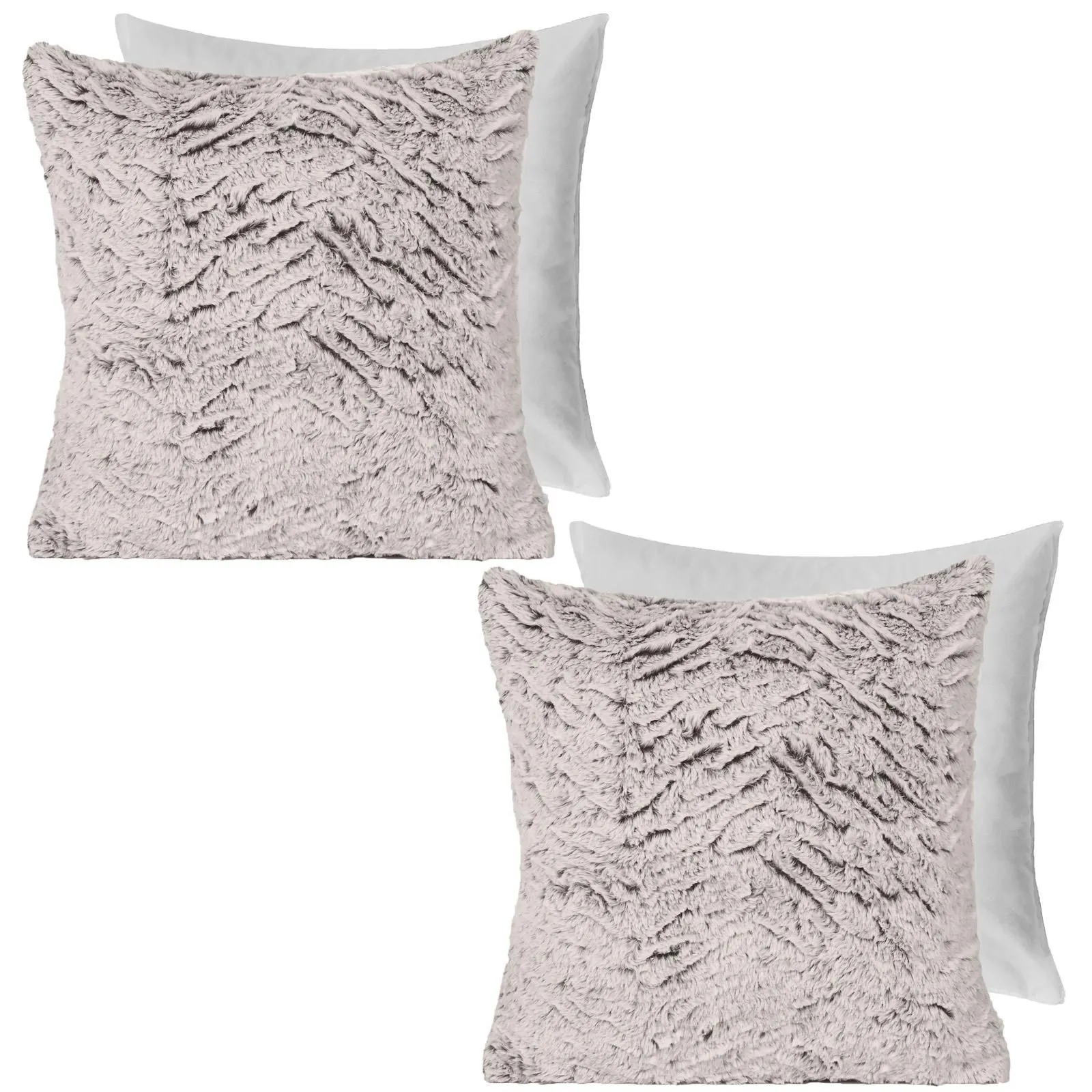 OHS 2 Pack Two Tone Faux Fur Soft Fleece Filled Cushion Covers - 45 x 45cm in Natural