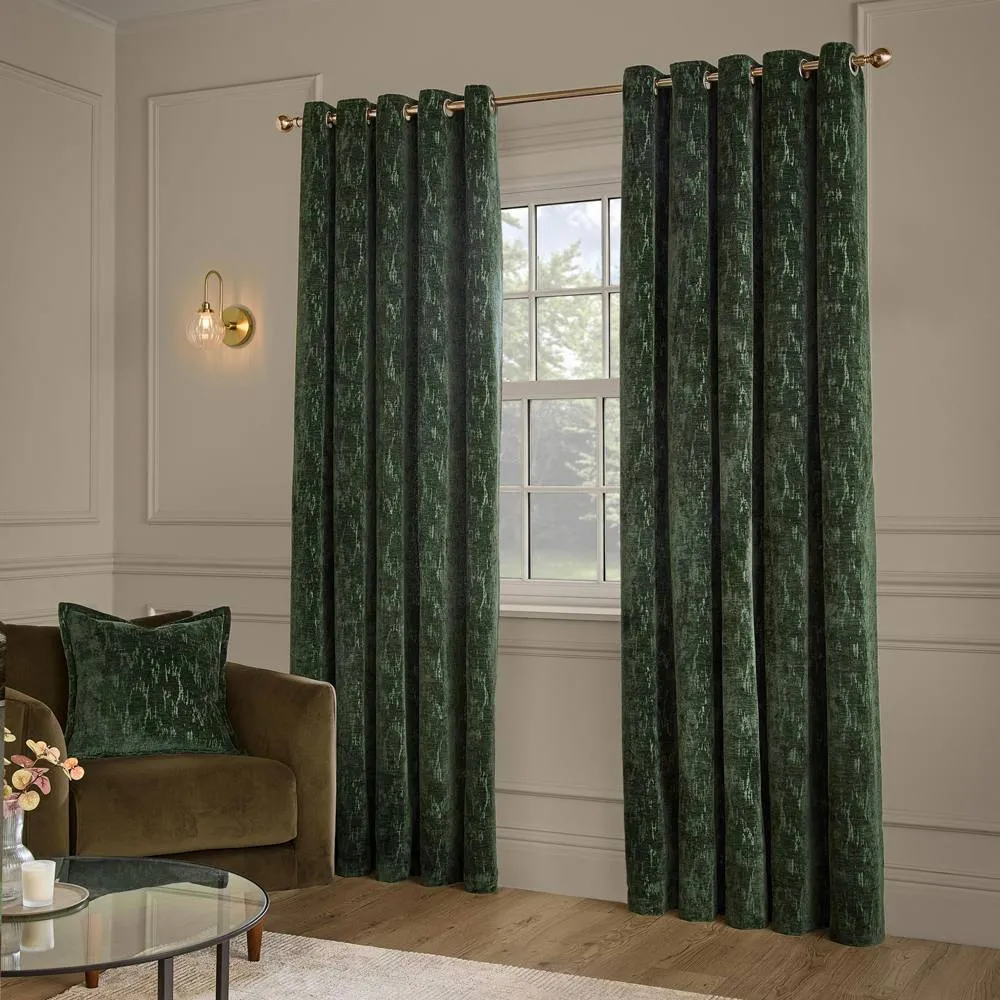 Paoletti Aurelio Chenille Fully Lined Eyelet Curtain Pair in Emerald 4