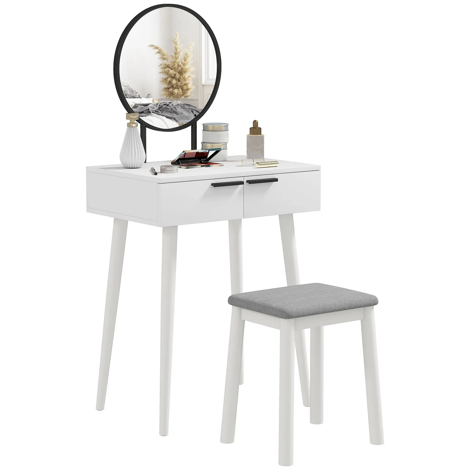 HOMCOM Dressing Table Vanity Set Make Up Desk with Mirror & Stool White 2