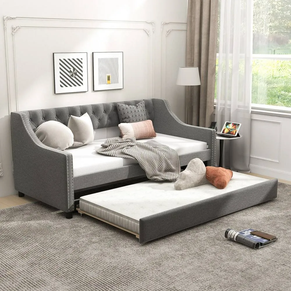 Costway Linen Upholstered Daybed Single Size Trundle Bed Sofa Bed Frame in Grey 3