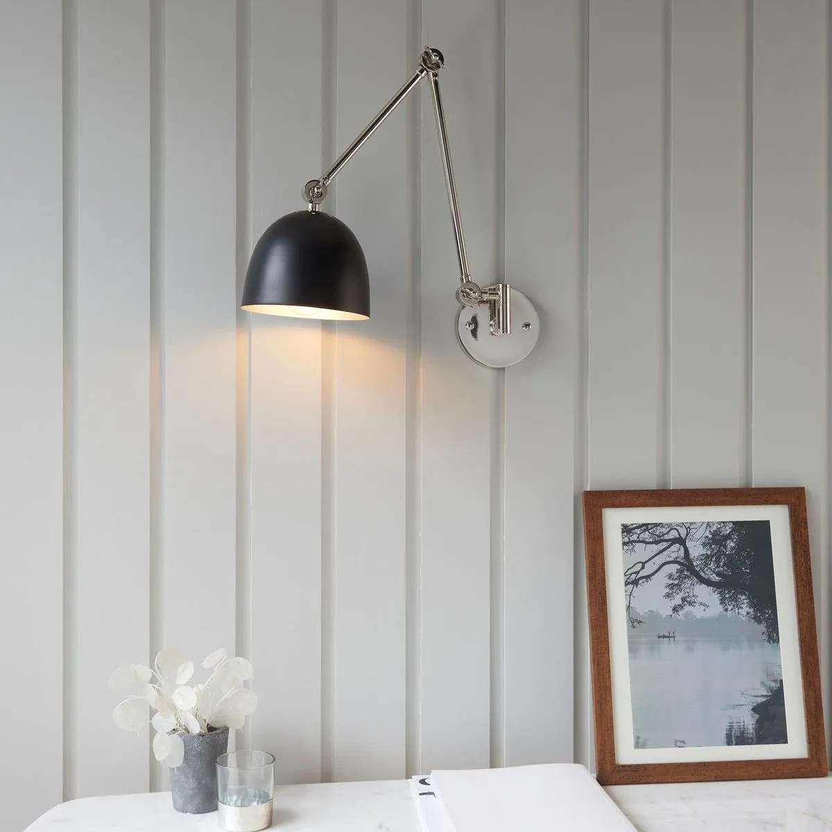 Netlighting Lehal Dome Adjustable Arm Wall Lamp Polished Nickel Plate Matt Black 4