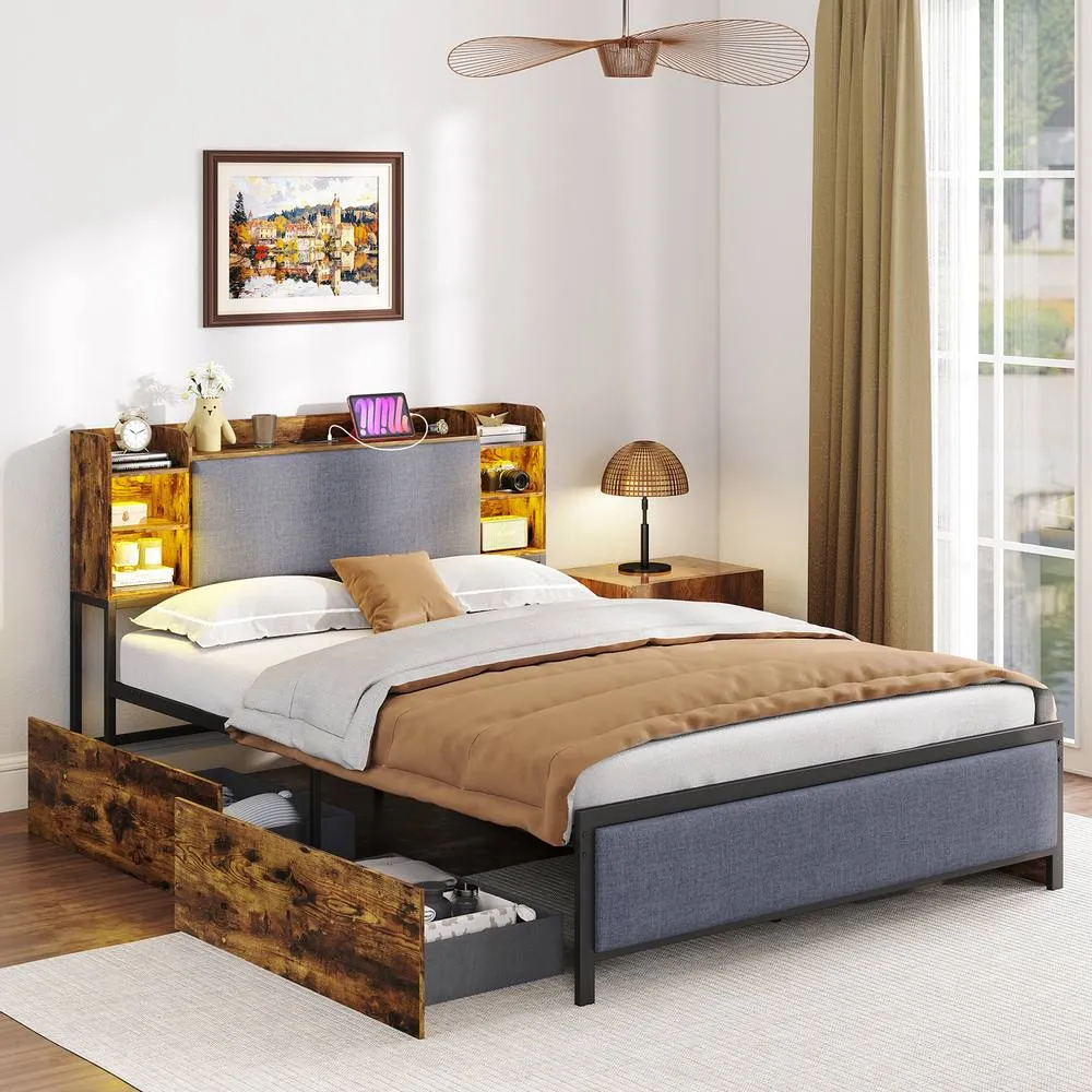 Costway Double Size Bed Frame Platform Bed w/ LED Lights & Charging Station in Brown