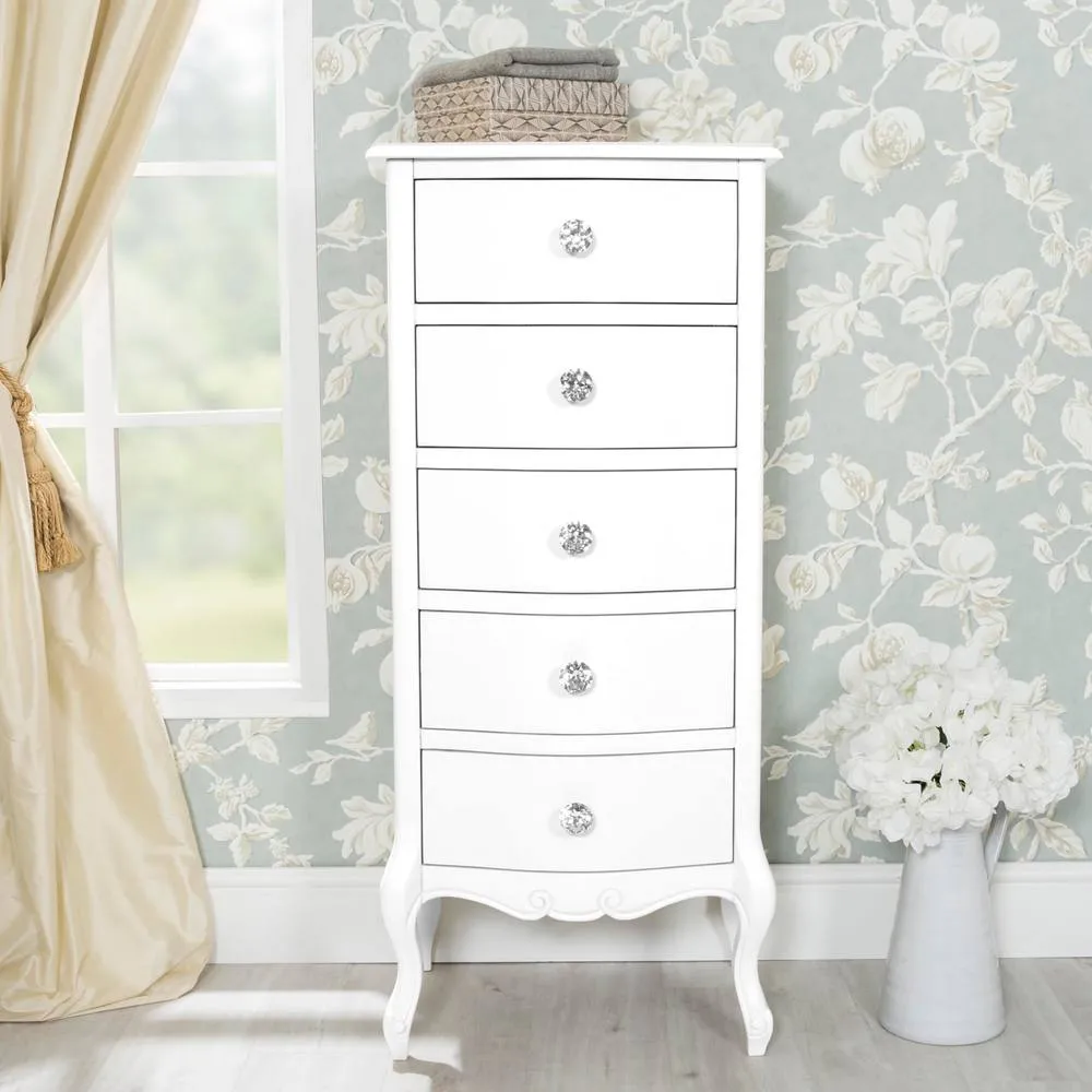 Statement Furniture Juliette Vintage Chic 5 Drawer Tallboy with Crystal Handles in White 3