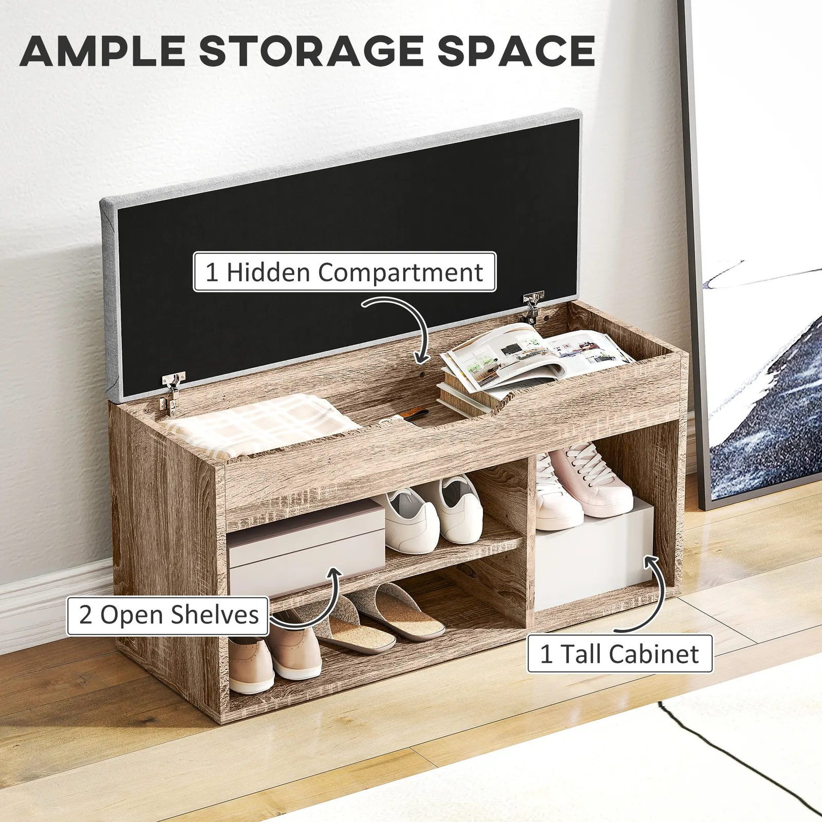 HOMCOM Sit-On Shoe Storage Unit w/ Hidden Compartment Handles in Grey 6
