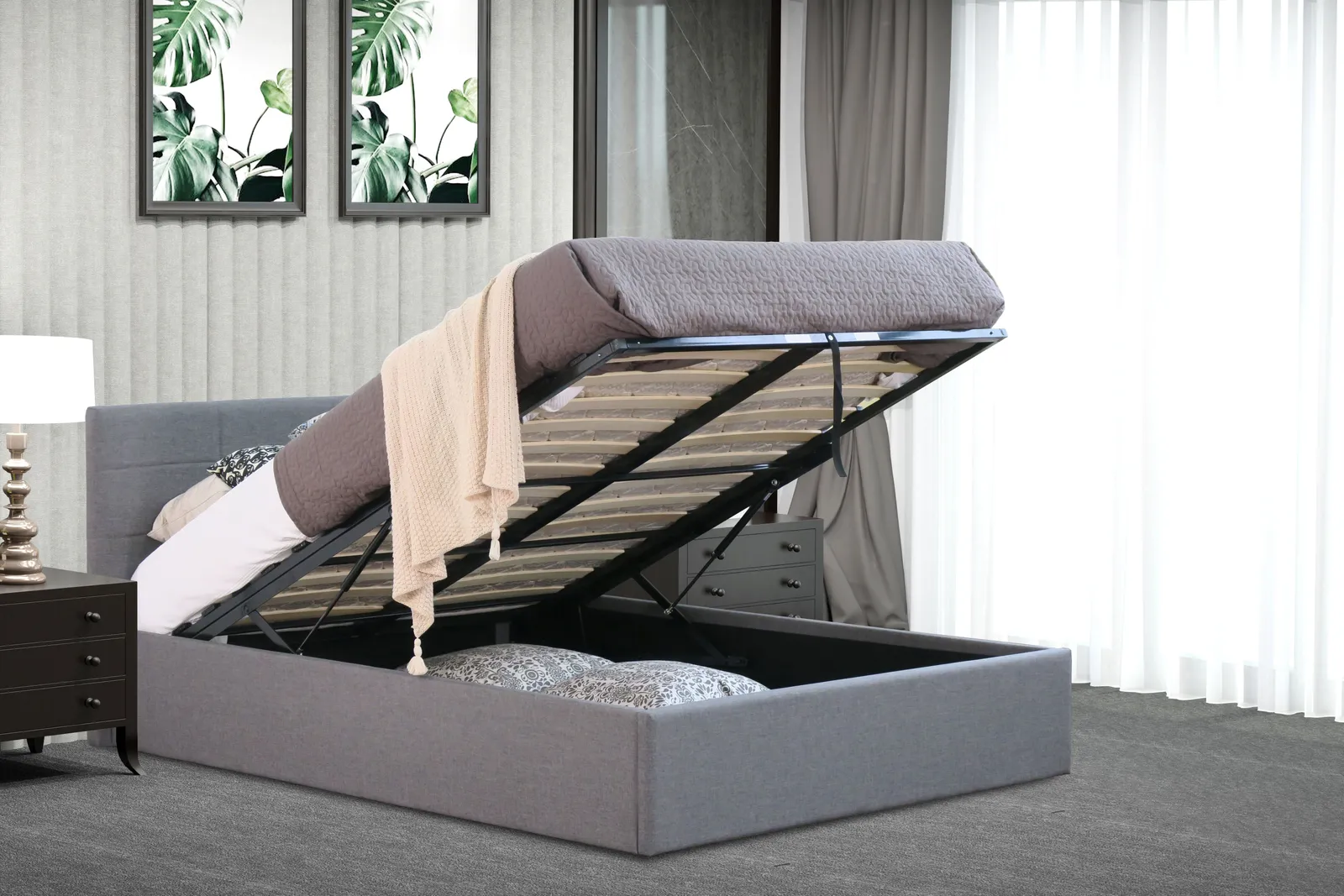 Comfy Living Ltd Linen Fabric Gas Lift Ottoman Bed in Grey