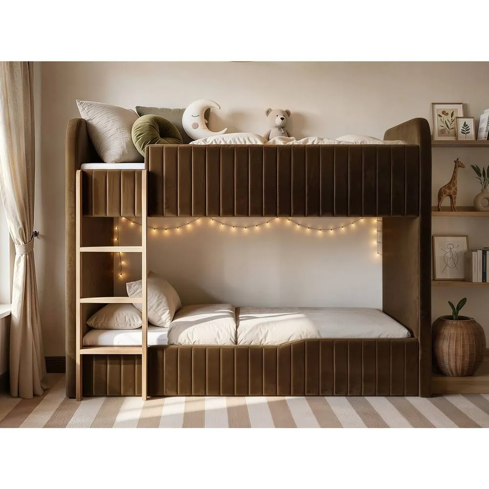 Flair Venna Single Upholstered Bunk Bed with Wooden Ladder in Brown