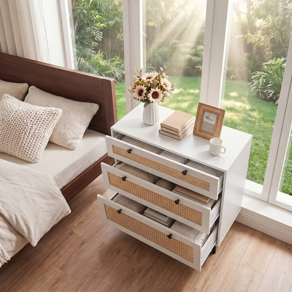 Costway Dresser with 3 Drawers & Rattan Design & 5 Metal Legs in White 4