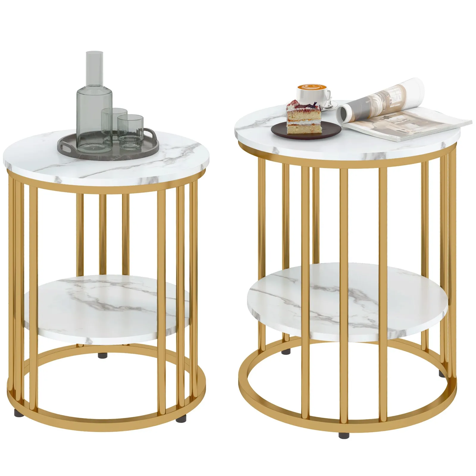 HOMCOM Marble-Effect Round Coffee Table Set of 2 for Living Room, Gold Tone 2