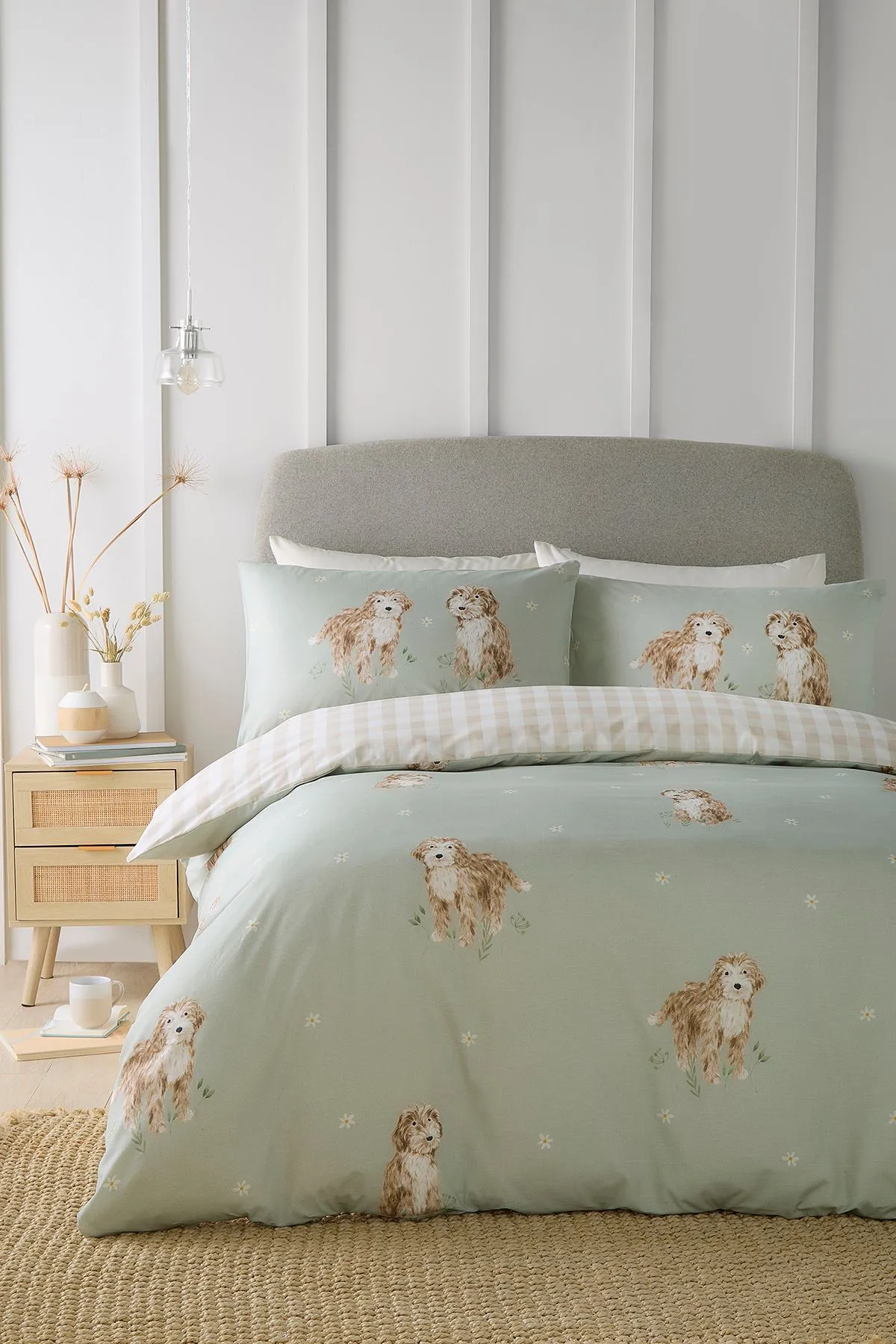 Fusion 'Hattie the Cockerpoo' Cute Dog Print Peach Textured Duvet Cover Set in Light Green