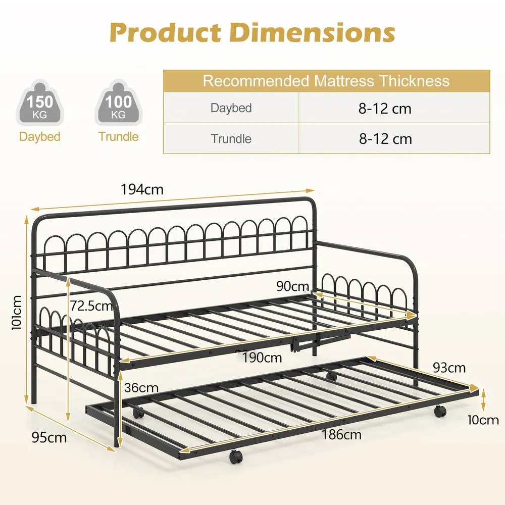 Costway Single Daybed with Trundle Metal Sofa Bed w/ Curved Backrest in Black 2