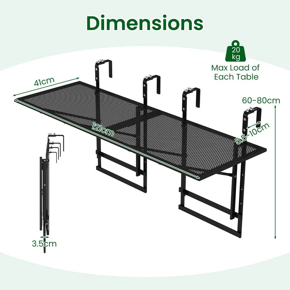 Costway Set of 2 Hanging Balcony Table with 5-Level Adjustable Height in Black 2