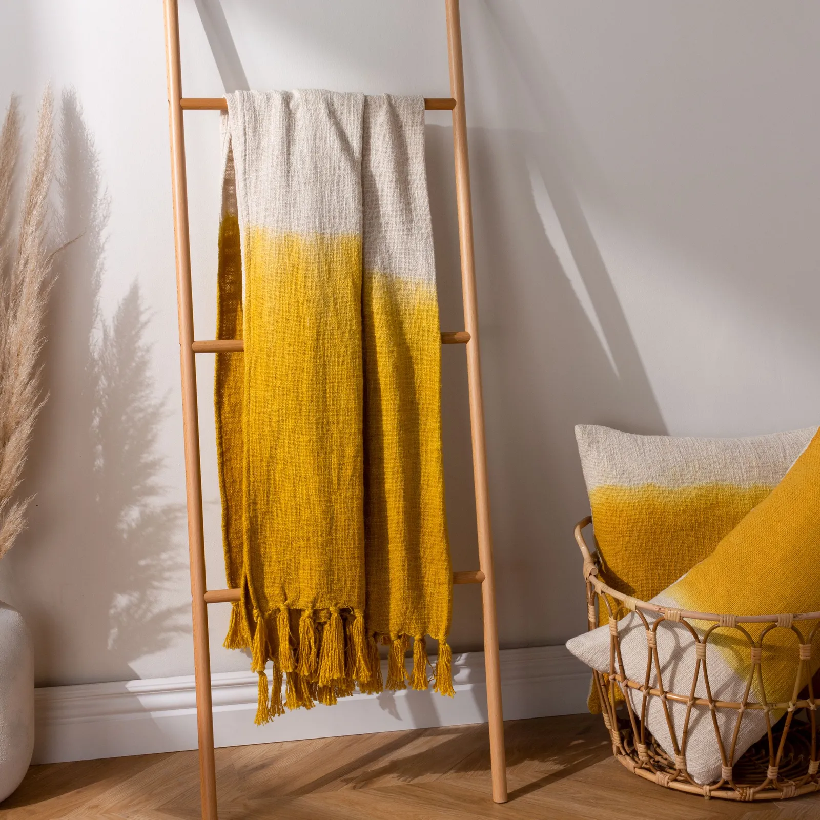 Furn Mizu Enzyme Washed Slub Dip-Dye Tasselled Throw in Yellow