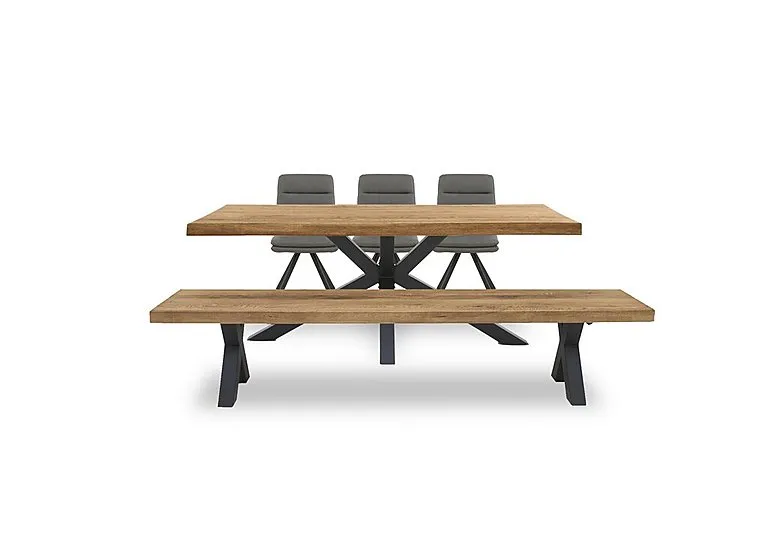 Njord Raw Edge Dining Table with Metal Star Base, Bench and 3 Grey Faux Leather Swivel Chairs - 220-cm