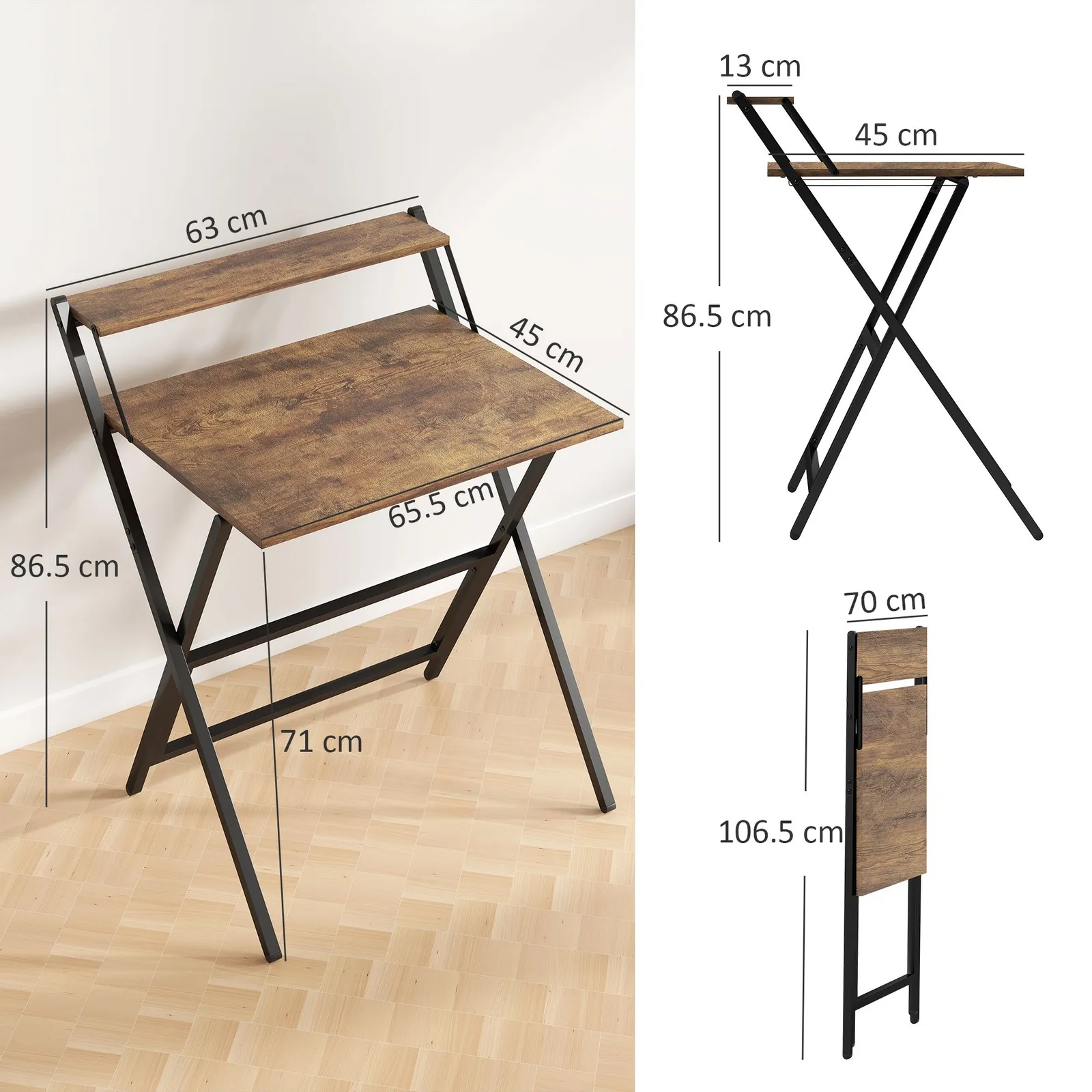 HOMCOM 70 cm Folding Computer Desk for Small Spaces Bedroom in Brown 3