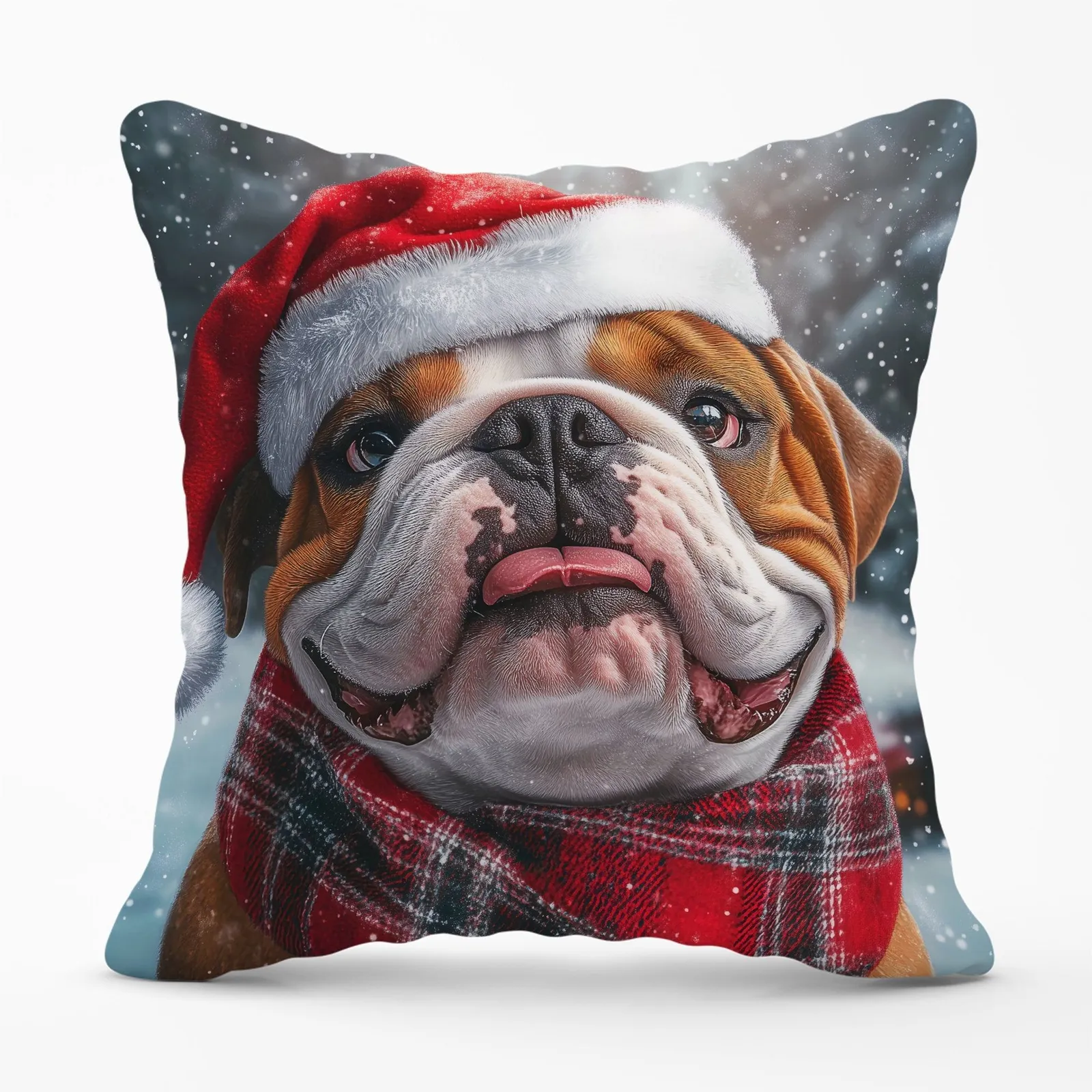 Warren Reed - Designer Snowy Christmas Bulldog Cushion in Brown