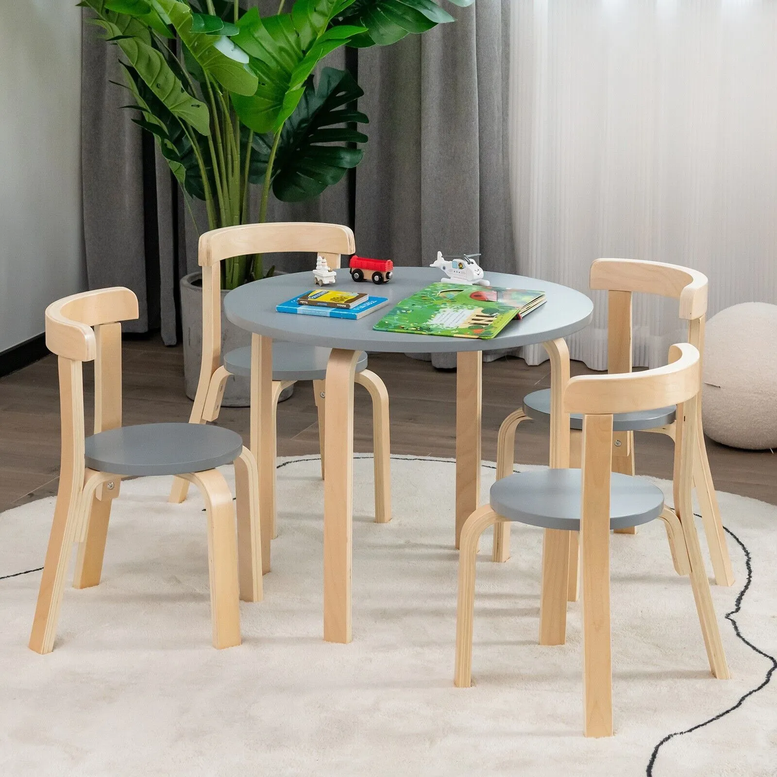 Costway 5-Piece Table & Chair Set Wooden Activity Table 4 Curved Chairs in Grey 3