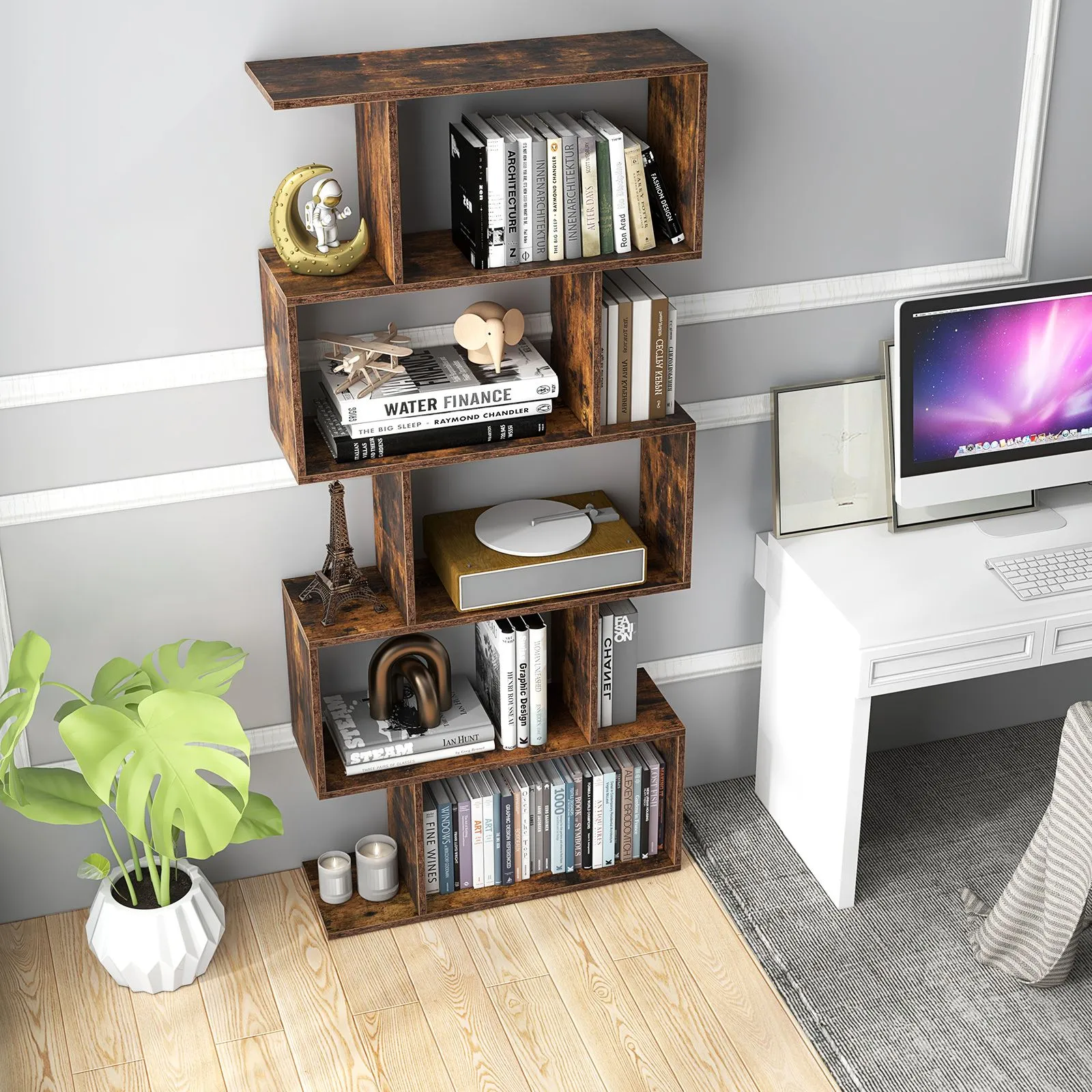 Costway 5-tier Bookcase S-Shaped Bookshelf Wooden Storage Display Rack in Brown 3