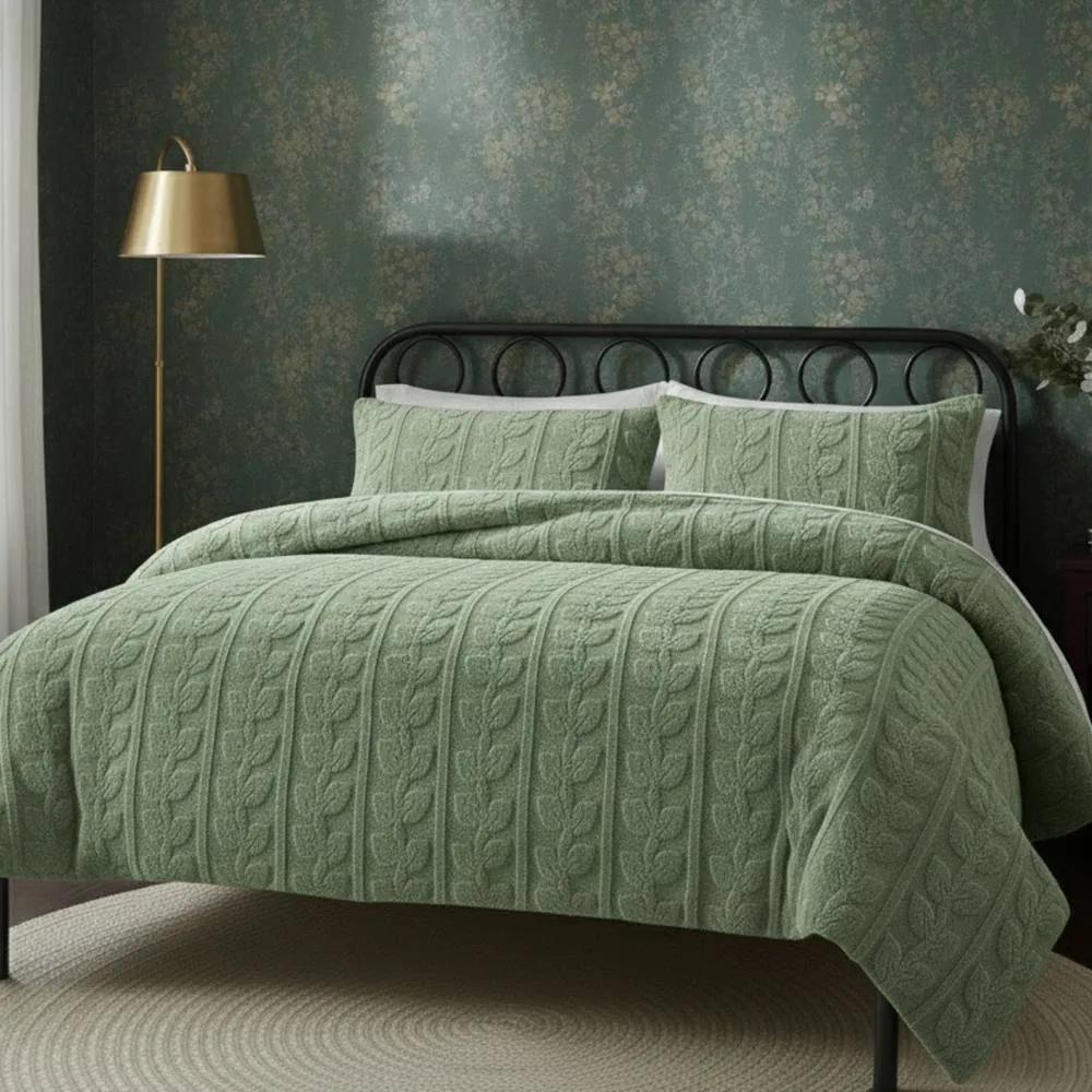 Snug City Ultra Soft Teddy Duvet Cover Set Leaves Embossed Cozy Fleece Bedding in Green