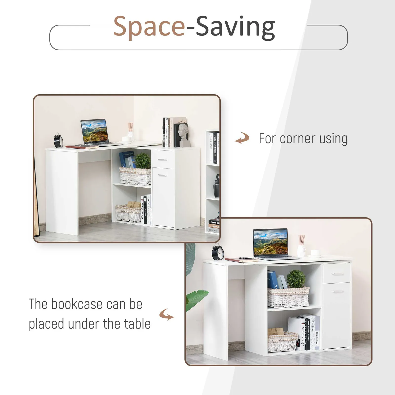 HOMCOM Corner Computer Desk 180° Rotating Dining Table W/ Storage Shelf in White 4