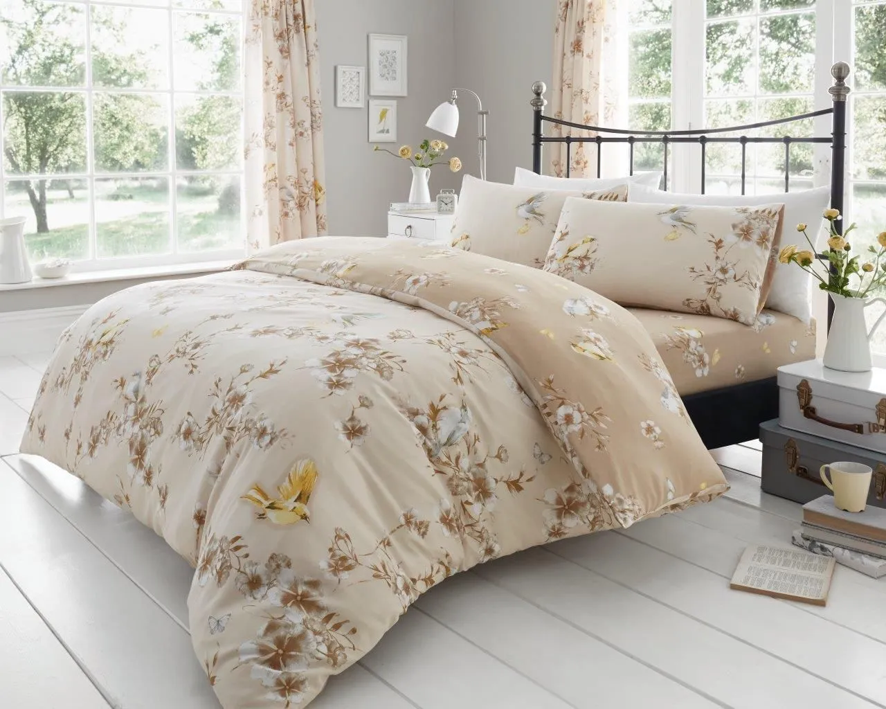 Smart Living Printed Polycotton Birdie Blossom Duvet Cover With Pillowcases in Natural