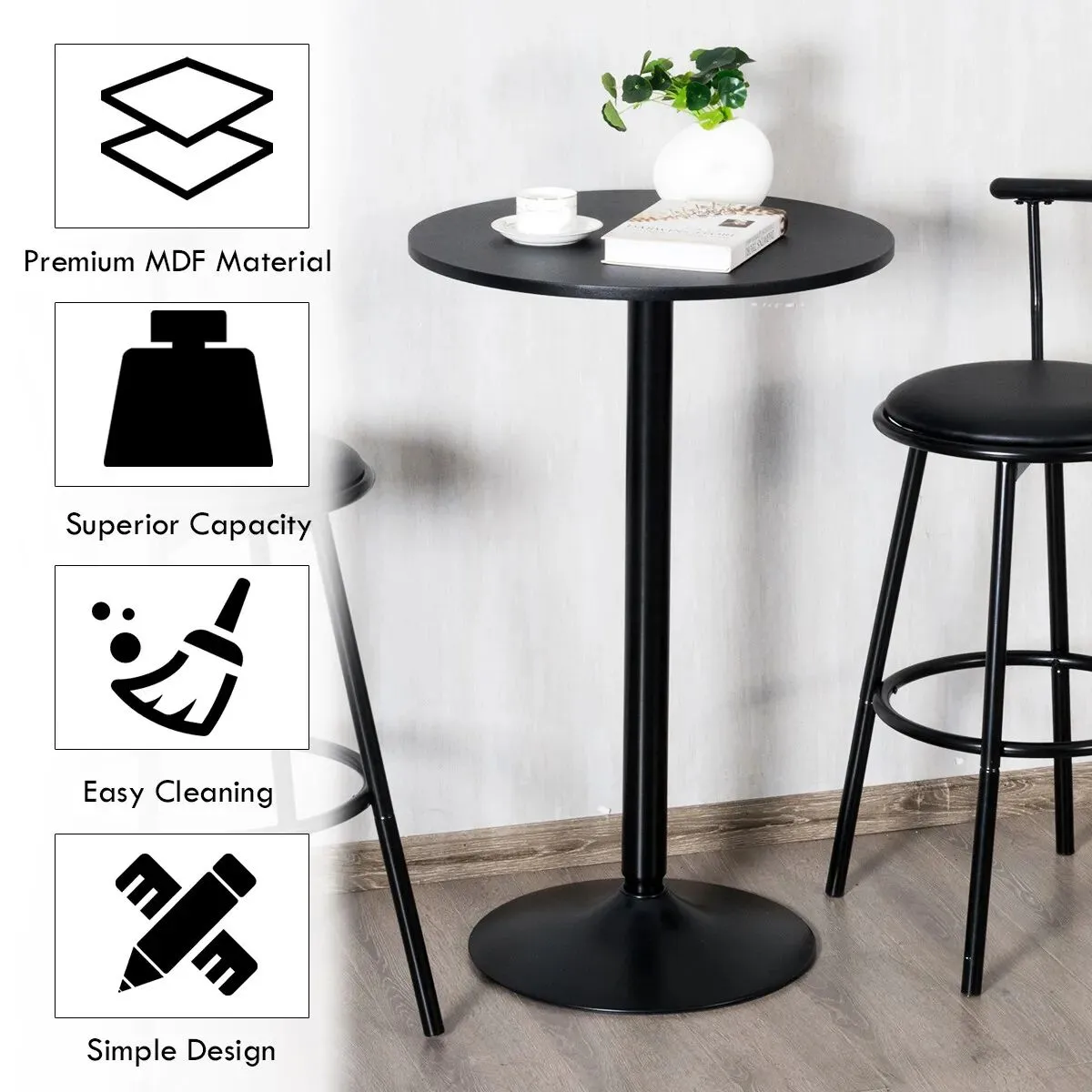 Costway 2Pcs Round Bar Table Counter Bistro Pub Tables w/Fixed Tabletop & Stable Base in Black 5