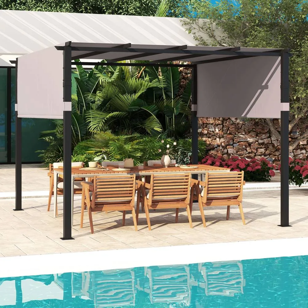 Costway Flat Top Pergola 305 x 305cm Outdoor Pergola w/Retractable Canopy in Grey 4