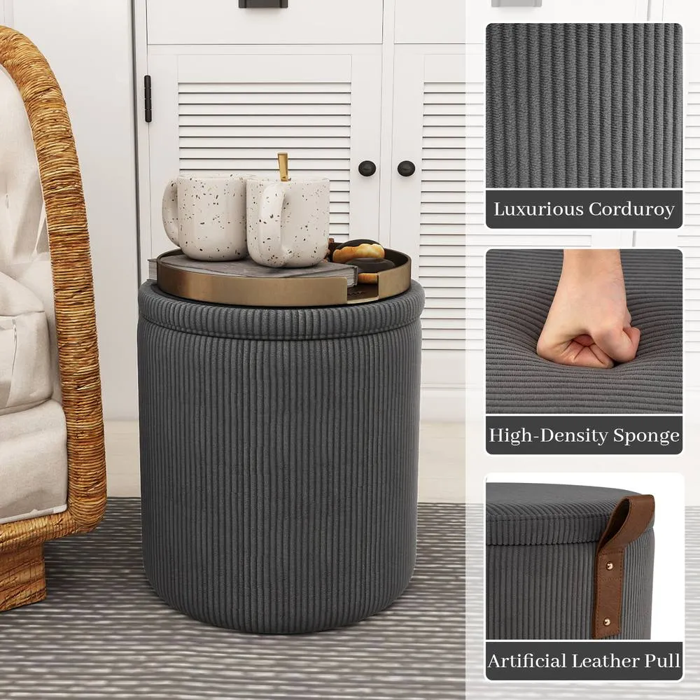Costway 2PCS Modern Round Ottoman Upholstered Vanity Stools w/ Removable Lids in Grey 6