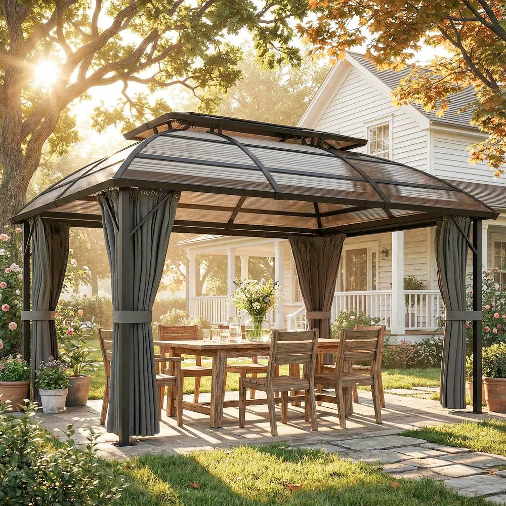 OUTSUNNY 4 x 3(m) Polycarbonate Gazebo for Lawn, Yard, Patio, Deck in Brown