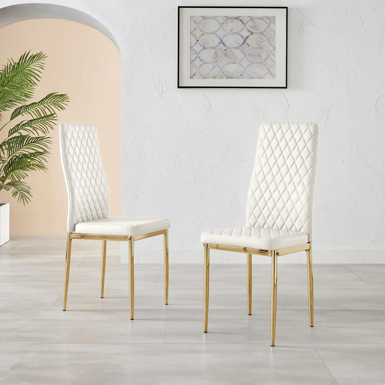 FurnitureboxUK Set of 4 Milan High Back Soft Touch Diamond Pattern Faux Leather Dining Chairs With Gold Chrome Metal Legs in White 2